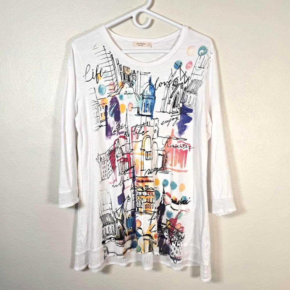 Jess & Jane Bon Voyage Cotton Tunic Women's L Colorful Urban Sketch Print Boho